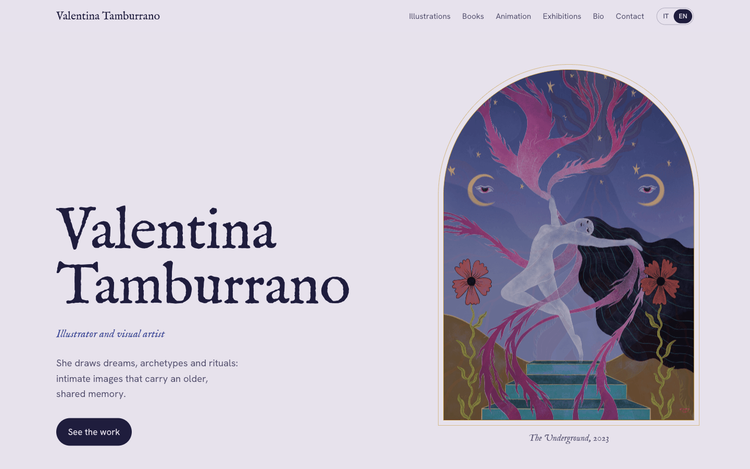 Valentina Tamburrano — Illustrator Portfolio — Portfolio website for Valentina Tamburrano — an Italian illustrator and visual artist whose work explores symbolic language, dreams, archetypes and ritual through a Jungian, medieval-inflected lens. A bilingual (IT/EN) showcase of her illustrations, books and graphic novels, animation, and exhibitions & residencies.