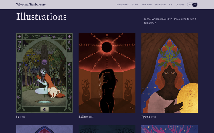 Valentina Tamburrano — Illustrator Portfolio — Portfolio website for Valentina Tamburrano — an Italian illustrator and visual artist whose work explores symbolic language, dreams, archetypes and ritual through a Jungian, medieval-inflected lens. A bilingual (IT/EN) showcase of her illustrations, books and graphic novels, animation, and exhibitions & residencies.
