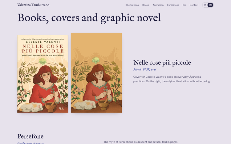 Valentina Tamburrano — Illustrator Portfolio — Portfolio website for Valentina Tamburrano — an Italian illustrator and visual artist whose work explores symbolic language, dreams, archetypes and ritual through a Jungian, medieval-inflected lens. A bilingual (IT/EN) showcase of her illustrations, books and graphic novels, animation, and exhibitions & residencies.