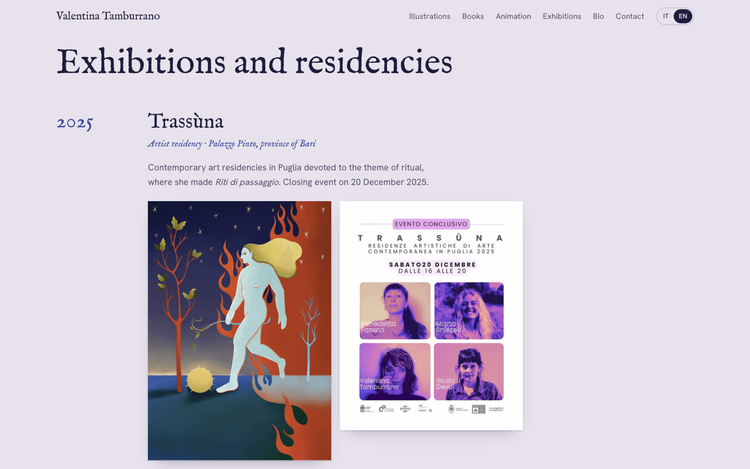 Valentina Tamburrano — Illustrator Portfolio — Portfolio website for Valentina Tamburrano — an Italian illustrator and visual artist whose work explores symbolic language, dreams, archetypes and ritual through a Jungian, medieval-inflected lens. A bilingual (IT/EN) showcase of her illustrations, books and graphic novels, animation, and exhibitions & residencies.